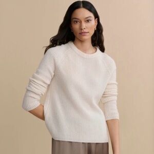 JENNI KAYNE Ivory Soft 100% Cashmere Fisherman Crewneck Knit Boxy Sweater XS EUC